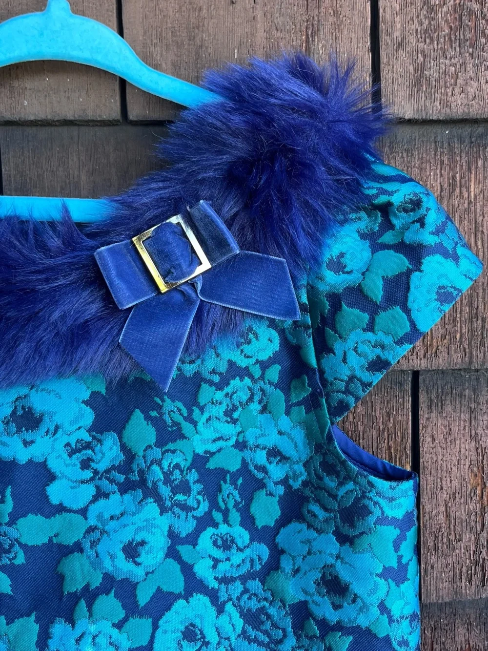 Janie and Jack sz 8 blue brocade girls winter dress ~ fur collar and bow